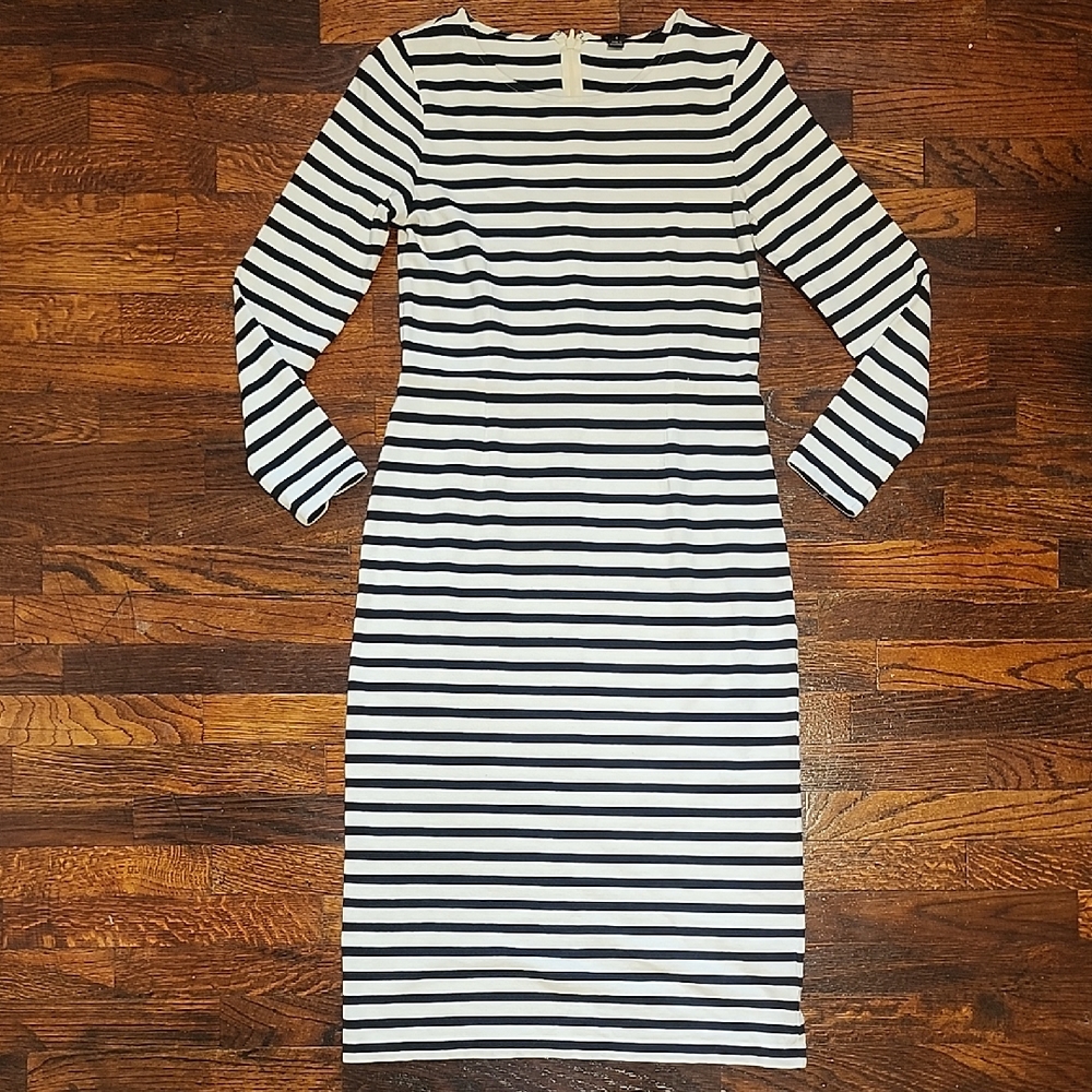 J. Crew Vintage Black and White Striped Midi Long Sleeve Dress 100% Cotton